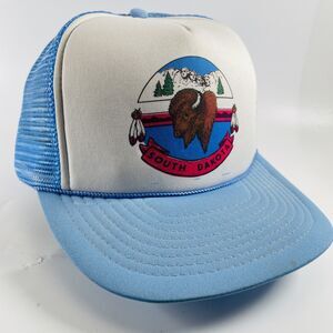 South Dakota Bison Mt Rushmore Vintage Trucker Hat Snapback Mesh One Size Blue
